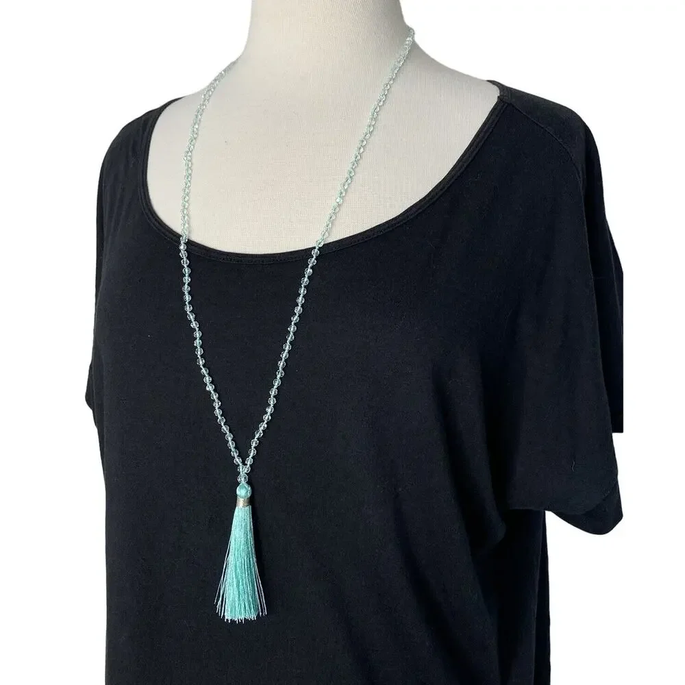 SHIRALEAH Anthro NEW Beaded Fringe Turquoise Nusa Necklace Long Blue Water Boho